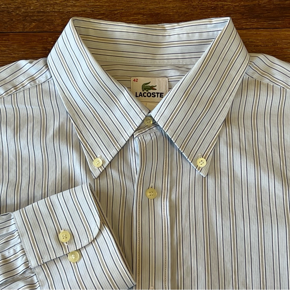 Lacoste Men’s Button Down Long Sleeve Shirt Striped Blue Gray Cotton Sz 42 Large